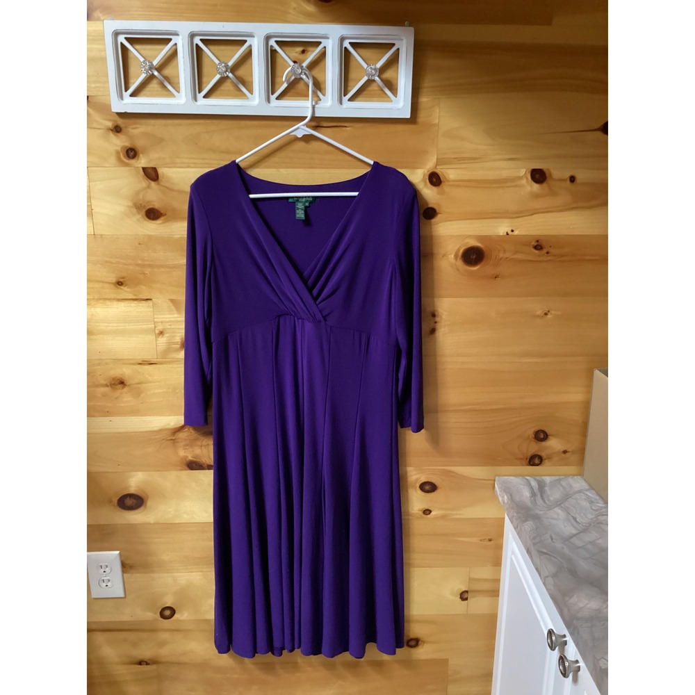 Lauren Ralph Lauren Purple Surplice Midi Dress Womens 14 Fit Flare 3/4 Sleeve